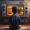 Child sits in front of TV showing cartoon images of french fries and cheeseburger